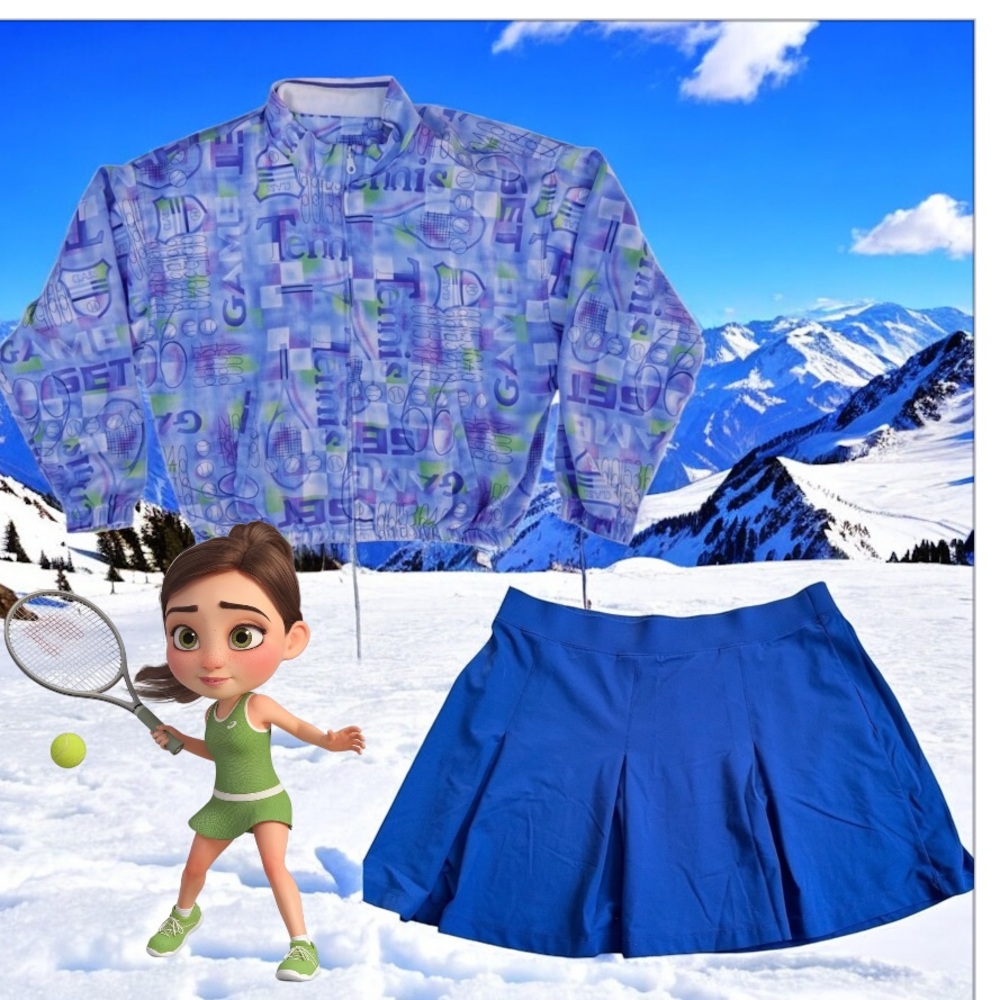 Tail Blue Pleated Skirt with A-Line Silhouette With Colorful Print Jacket Set